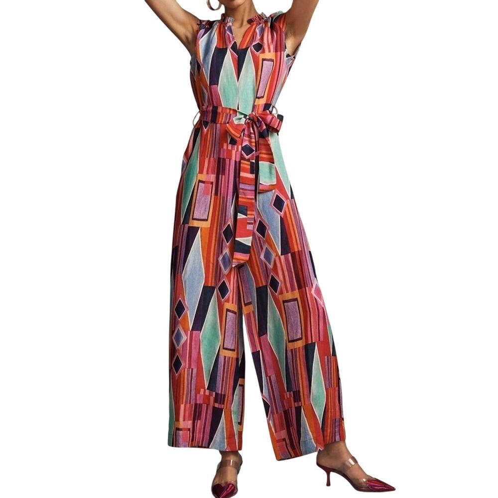 Anthropologie Ranna Gill Ruffle V Neck Wide Leg Jumpsuit NEW